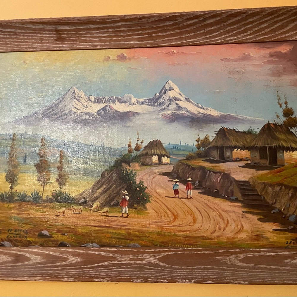 Rustic Mountain Village Painting with Wooden Frame